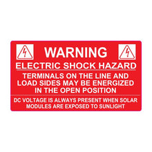 PVSL-63 Warning: Electric Shock Hazard, Terminals May Be Energized, DC Voltage Always Present (red) – 2” x 3.75”