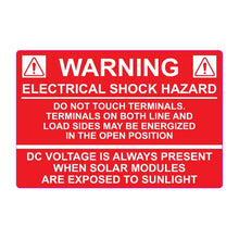 PVSL-68 Warning: Electrical Shock Hazard, Do Not Touch Terminals, DC Voltage Always Present (red) – 2.5” x 3.75”