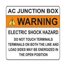 PVSL-80 AC Junction Box, Warning: Electric Shock Hazard – 3” x 3”