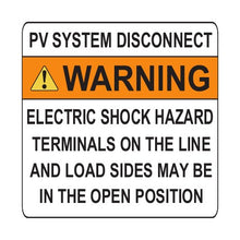 PVSL-83 PV System Disconnect, Warning: Electric Shock Hazard – 3” x 3”