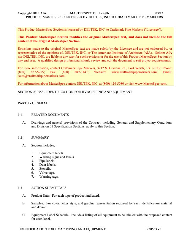 First page of MasterSpec section 23 05 53
