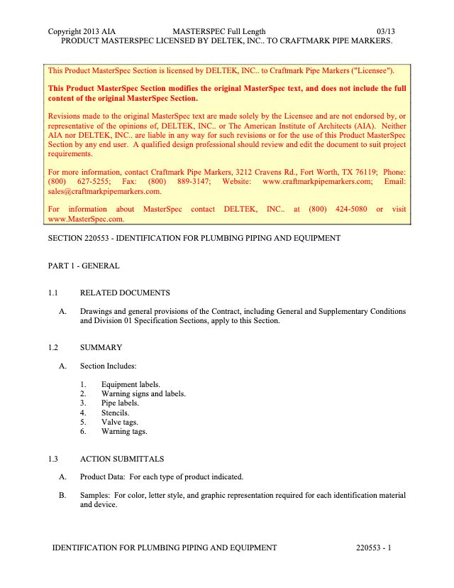 First page of MasterSpec section 22 05 53